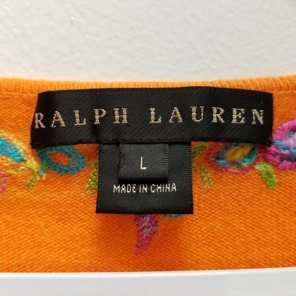 Ralph Lauren Black Label Women's V-Neck Cashmere Sweater Embroidered Orange Sz L - Picture 11 of 12
